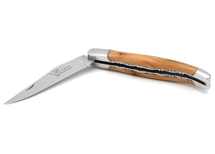 Laguiole pocket knife, 12 cm, chiseled doubles plates, juniper handle with shiny bolsters