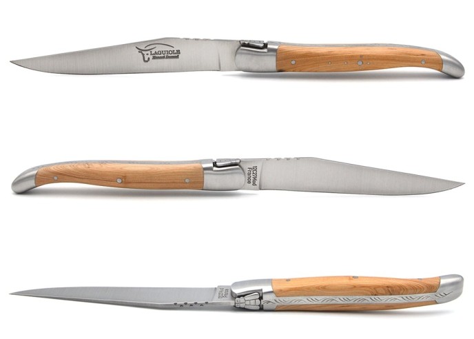 Laguiole Steakmesser, Heftbacken aus mattem Edelsthal, breiterer Griff aus Wacholder