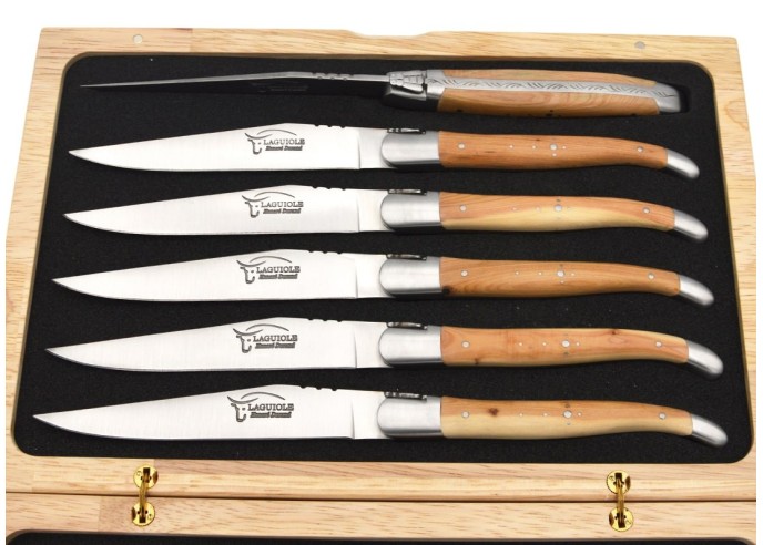 Coffret de couteaux de table de Laguiole avec mitres inox mat, manche galbé en genévrier