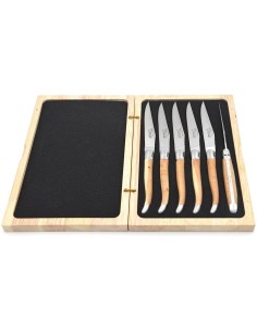 Laguiole steak knives with matt stainless steel bolsters. Juniper wood handles