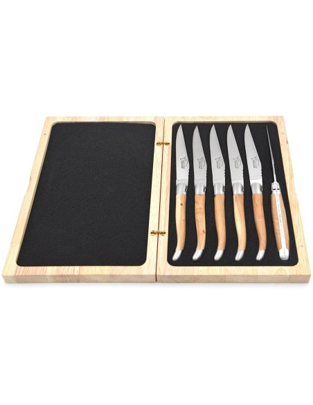 Laguiole Steakmesser, Heftbacken aus mattem Edelsthal, breiterer Griff aus Wacholder