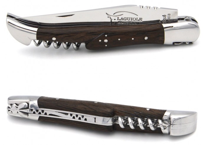Laguiole pocket knife, 12 cm, blade and corkscrew, morta wood handle with shiny bolsters