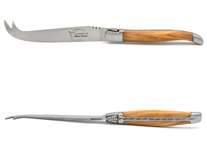 Laguiole Käsemesser, Heftbacken aus mattem Edelstahl, breiterer Griff aus Olivenholz