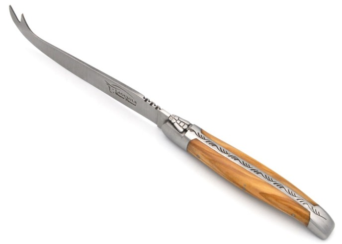 Couteau à fromage avec mitres inox mat et manche bois d'olivier