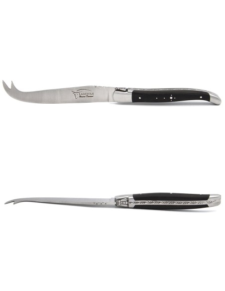 Laguiole cheese knife with matt stainless steel bolsters. Wide ebony wood handle
