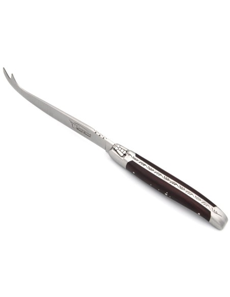 Laguiole cheese knife with matt stainless steel bolsters. Wide purplewood handle