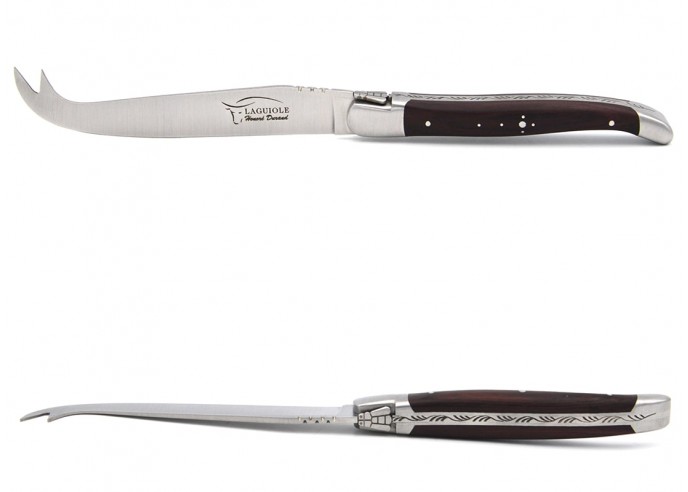 Laguiole cheese knife with matt stainless steel bolsters. Wide purplewood handle