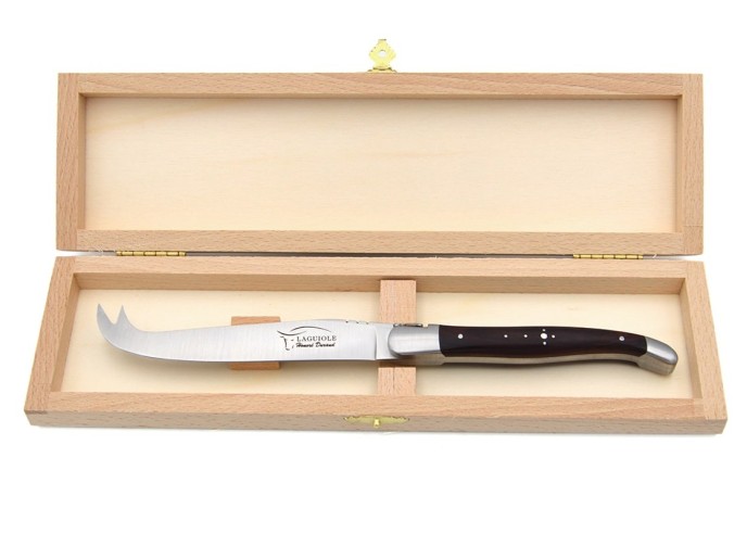 Laguiole cheese knife with matt stainless steel bolsters. Wide purplewood handle