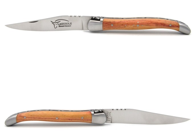 Laguiole Klappmesser, 11cm, Geschmiedete Biene, Heftbacken aus mattem Edelstahl, Griff aus Rosenholz