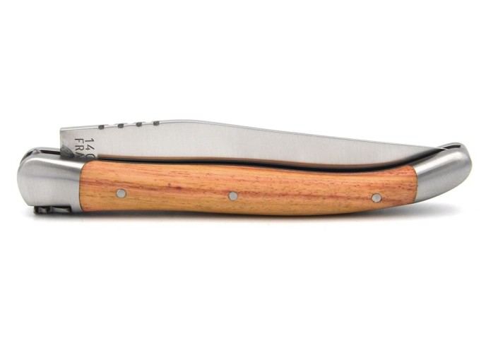 Laguiole Klappmesser, 11cm, Geschmiedete Biene, Heftbacken aus mattem Edelstahl, Griff aus Rosenholz