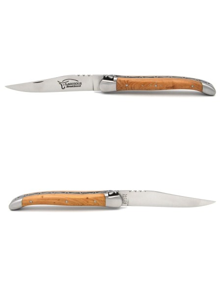 Laguiole Klappmesser, 11cm, Geschmiedete Biene, Heftbacken aus mattem Edelstahl, Griff aus Wacholderholz