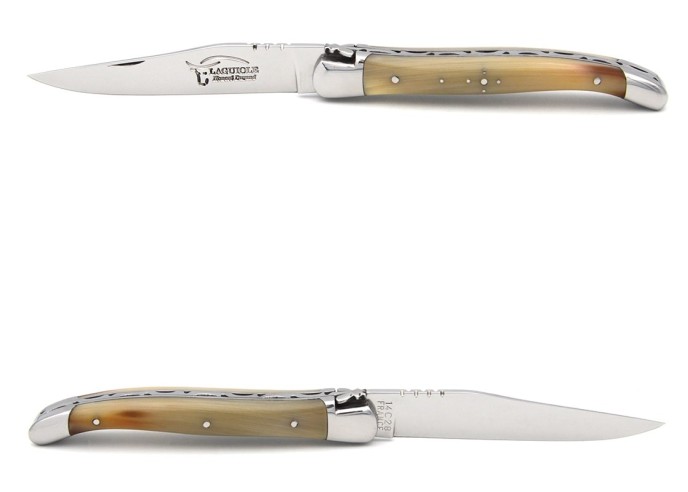 Laguiole pocket knife, 11 cm, forged bee, pale horn tip handle with shiny bolsters