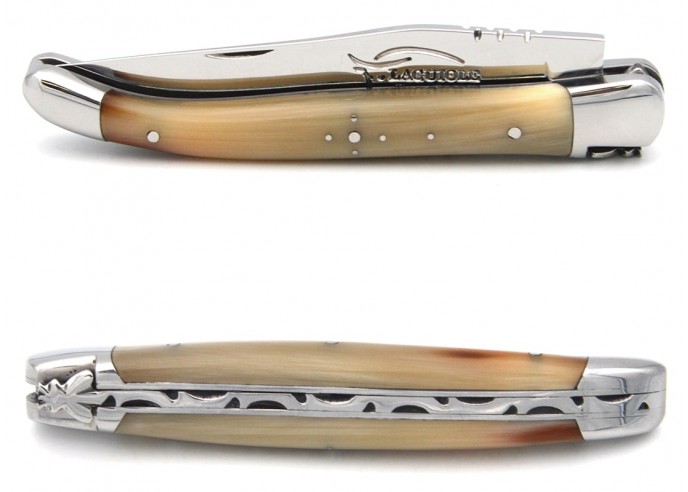 Laguiole pocket knife, 11 cm, forged bee, pale horn tip handle with shiny bolsters