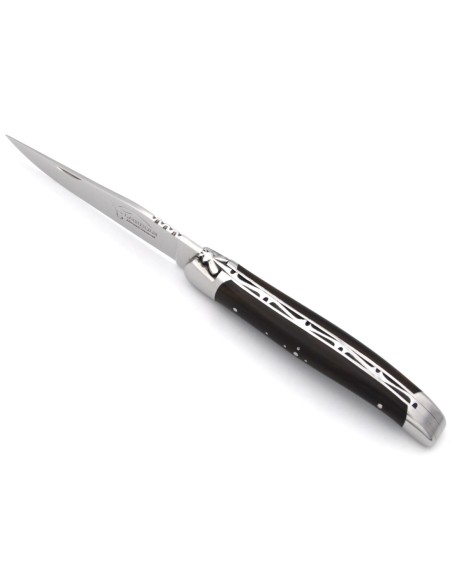 Laguiole Klappmesser, 11cm, Geschmiedete Biene, Heftbacken aus glänzendem Edelstahl, Griff aus Ebenholz