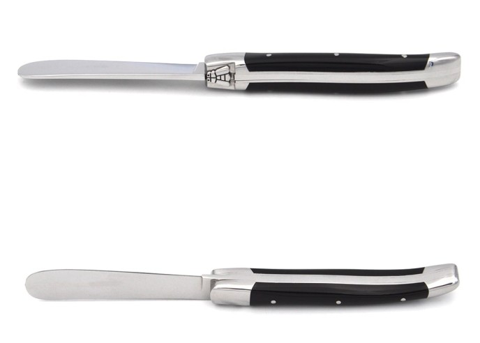 Laguiole butter knife with shiny stainless steel bolsters. Slim handle in Acrylic - Black corian