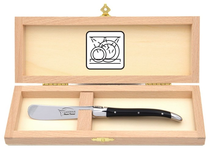 Laguiole butter knife with shiny stainless steel bolsters. Slim handle in Acrylic - Black corian