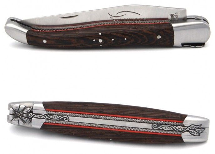 Laguiole pocket knife, 12 cm, chiseled bee and spring with double plates,  wengue handle with mat bolsters