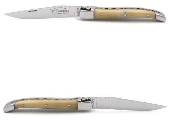 Laguiole pocket knife, 10 cm, forged bee, pale horn tip handle with shiny bolsters