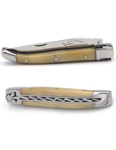 Laguiole pliant 10cm, abeille forgée, manche en pointe de corne claire