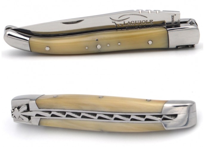 Laguiole pocket knife, 10 cm, forged bee, pale horn tip handle with shiny bolsters