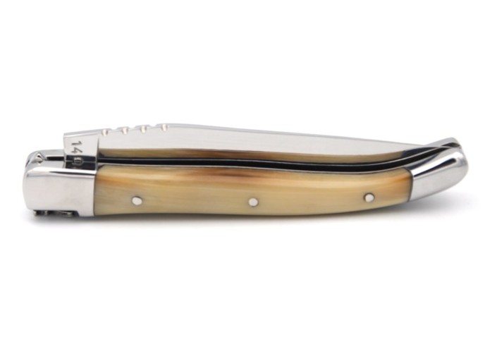 Laguiole pocket knife, 10 cm, forged bee, pale horn tip handle with shiny bolsters
