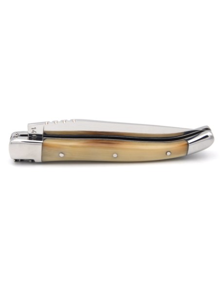 Laguiole pliant 10cm, abeille forgée, manche en pointe de corne claire