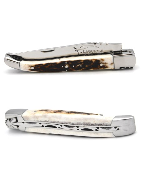 Laguiole pocket knife, 10 cm, forged bee, deer antler handle with shiny bolsters