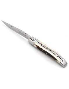 Laguiole Klappmesser, 10cm, Geschmiedete Biene, Heftbacken aus glänzendem Edelstahl, Griff aus Hirschgeweih 2