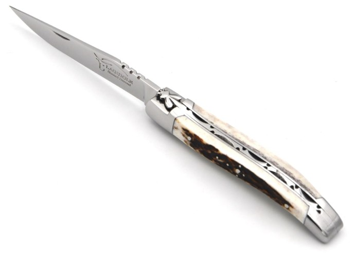 Laguiole pocket knife, 10 cm, forged bee, deer antler handle with shiny bolsters