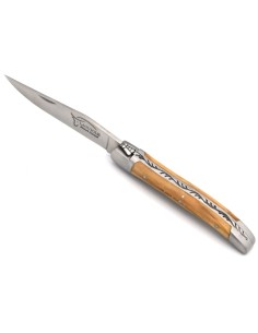 Laguiole Klappmesser, 10cm, Geschweißte Biene, Heftbacken aus mattem Edelstahl, Griff aus Olivenholz 2