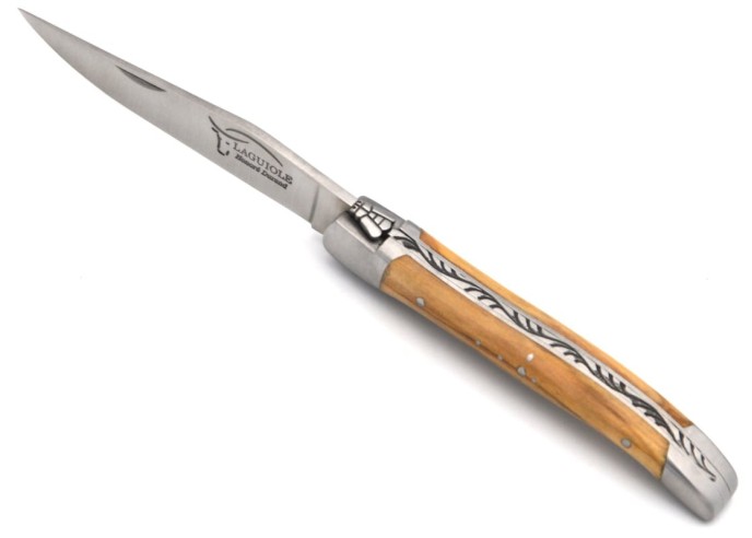 Laguiole Klappmesser, 10cm, Geschweißte Biene, Heftbacken aus mattem Edelstahl, Griff aus Olivenholz