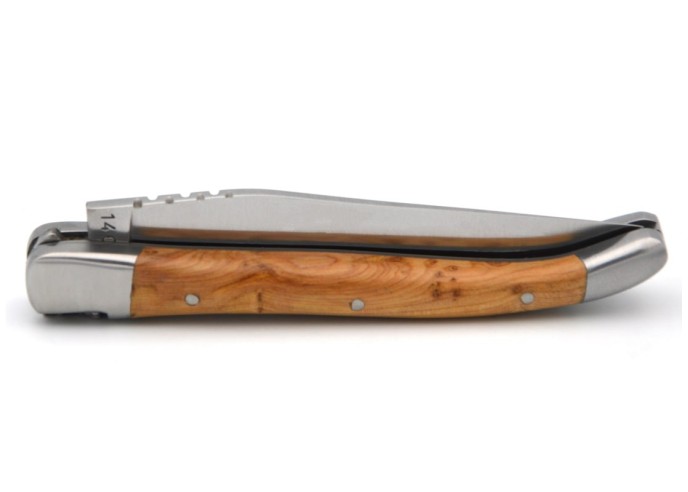 Laguiole Klappmesser, 10cm, Geschmiedete Biene, Heftbacken aus mattem Edelstahl, Griff aus Wacholderholz