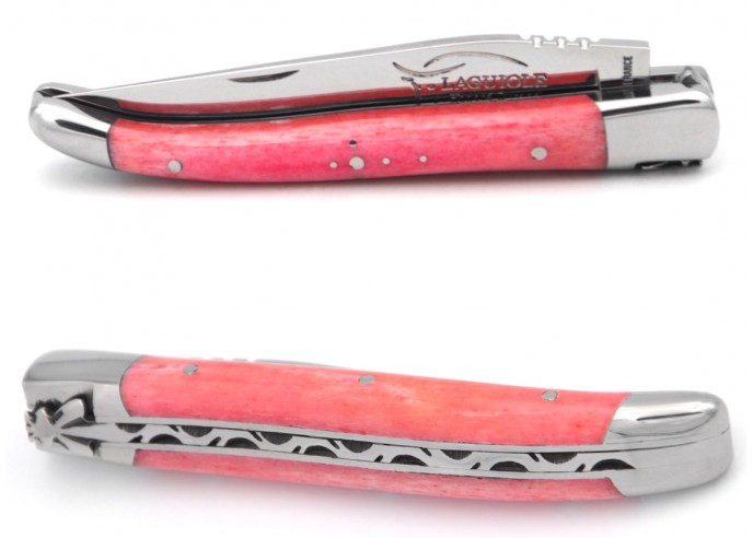 Laguiole pocket knife, 10 cm, forged bee, pink-stained bone handle with shiny bolsters