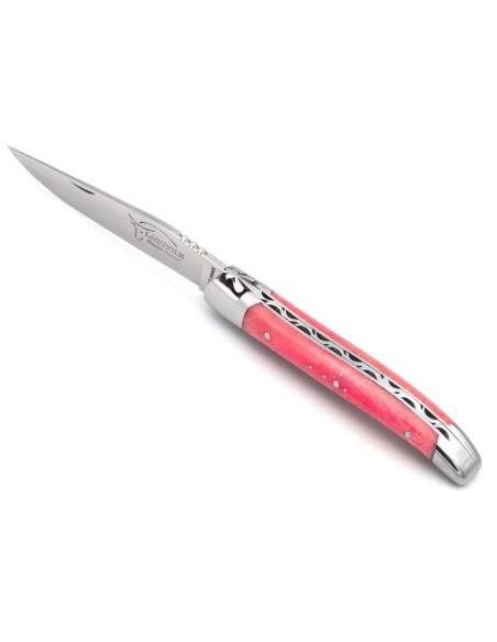Laguiole Klappmesser, 10cm, Geschmiedete Biene, Heftbacken aus glänzendem Edelstahl, Griff aus rosa gefärbter Knochen
