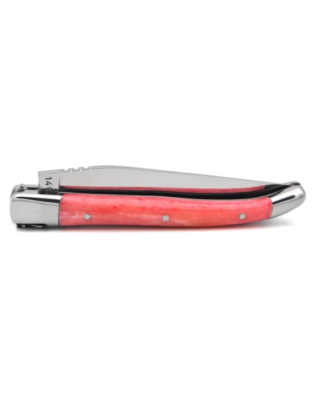 Laguiole pocket knife, 10 cm, forged bee, pink bone handleith shiny bolsters