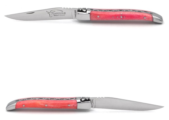 Laguiole pliant, 10cm, abeille forgée, manche en os teinté rose, lame seule