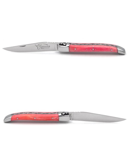 Laguiole Klappmesser, 10cm, Geschmiedete Biene, Heftbacken aus glänzendem Edelstahl, Griff aus rosa gefärbter Knochen