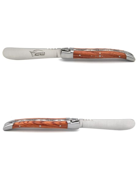 Laguiole butter knife with hand chiseled spring, matt stainless steel bolsters. Wide rosewood handle