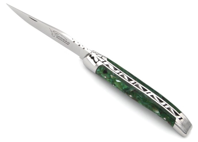 Laguiole Klappmesser, 11cm, Geschmiedete Biene, Grün Griff aus recyceltes Horn