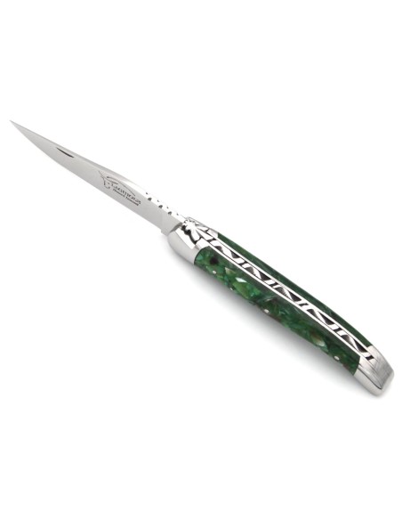 Laguiole Klappmesser, 11cm, Geschmiedete Biene, Grün Griff aus recyceltes Horn