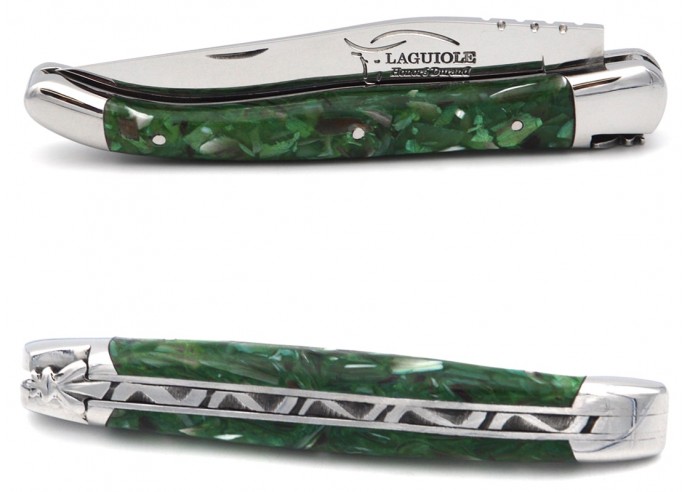 Laguiole pocket knife, 11 cm, forged bee, green recycled horn handle with shiny bolsters