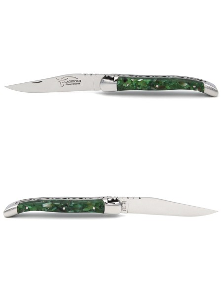 Laguiole Klappmesser, 11cm, Geschmiedete Biene, Grün Griff aus recyceltes Horn