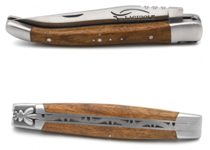 Laguiole pocket knife, 10 cm, forged bee,  walnut wood handle with matt bolsters