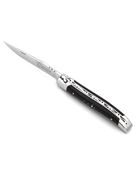 Laguiole Klappmesser, 10cm, Geschmiedete Biene, Heftbacken aus glänzendem Edelstahl, Griff aus Ebenholz