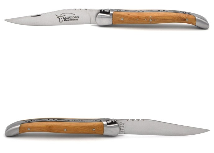 Laguiole pliant 11 cm, manche en olivier & intercalaire noir, abeille forgée, lame seule, finition inox mat