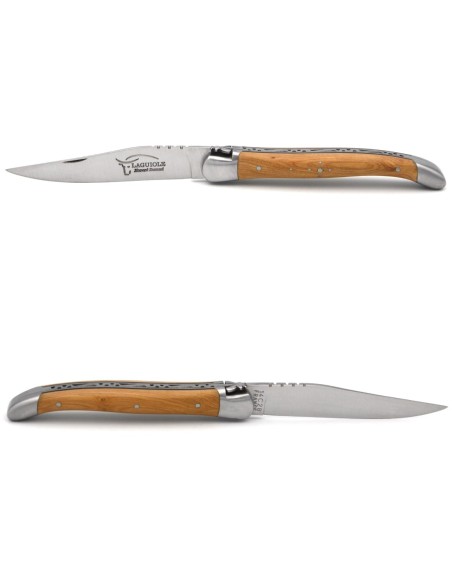 Laguiole pliant 11 cm, manche en olivier & intercalaire noir, abeille forgée, lame seule, finition inox mat