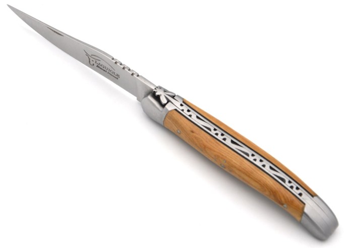 Laguiole Klappmesser, 11cm, Geschmiedete Biene, Heftbacken aus mattem Edelstahl, Olivenholz & schwarze Vulkanfiber