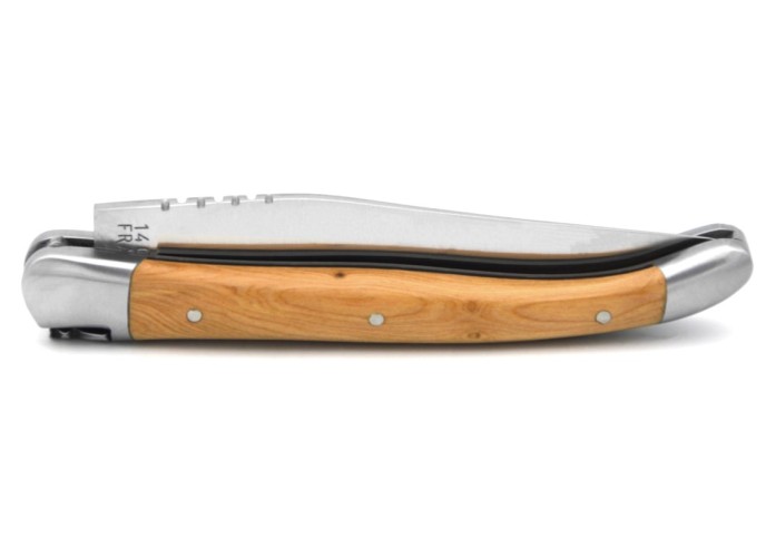 Laguiole pliant 11 cm, manche en olivier & intercalaire noir, abeille forgée, lame seule, finition inox mat