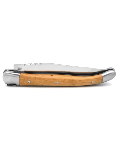 Laguiole pliant 11 cm, manche en olivier & intercalaire noir, abeille forgée, lame seule, finition inox mat