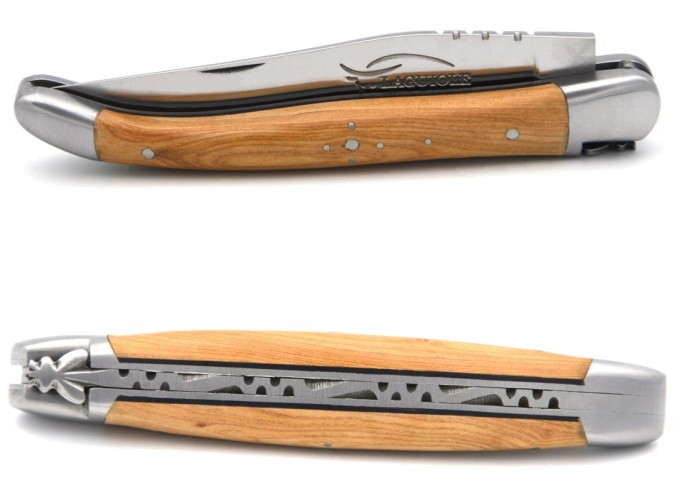 Laguiole pocket knife, 11 cm, forged bee, juniper wood handle & black spacer, matt bolsters